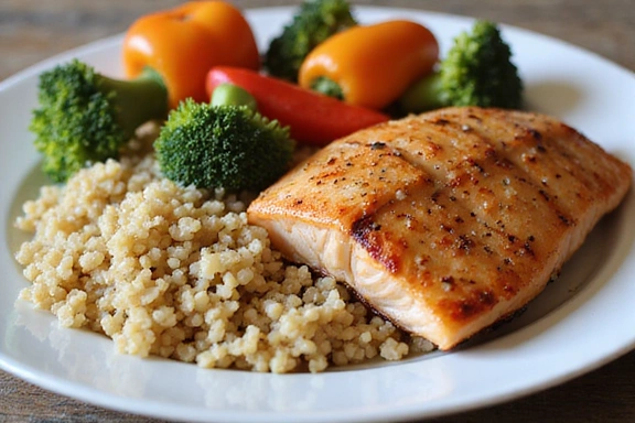 A plate of colorful whole foods, such as quinoa, roasted vegetables, and lean protein, suggesting a balanced and healthy meal.