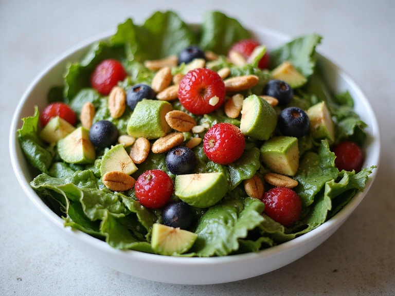 A vibrant, fresh salad bowl with various colorful vegetables and fruits, suggesting a healthy and balanced diet.