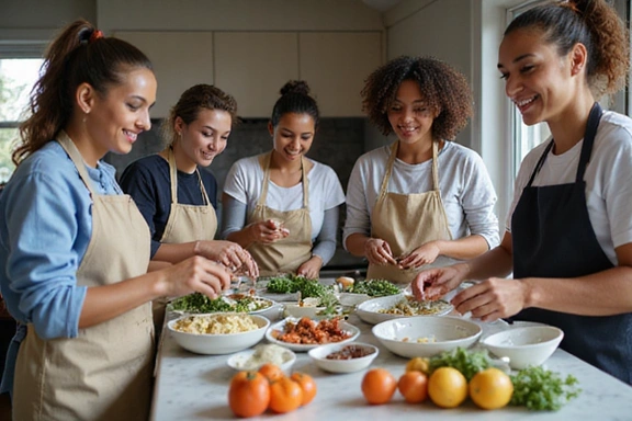 A diverse group of people engaging in a healthy cooking class, representing community and learning.