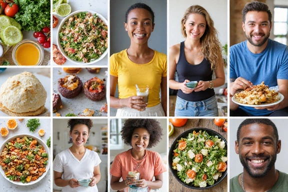 A vision board showing healthy food, active lifestyle, and happy diverse people, symbolizing future health and wellness goals.