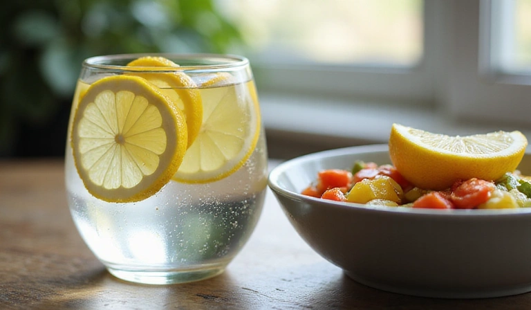 A glass of water with lemon slices next to a healthy breakfast, emphasizing hydration.
