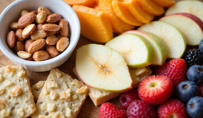 A vibrant display of various healthy snacks like nuts, fruit slices, and yogurt cups.
