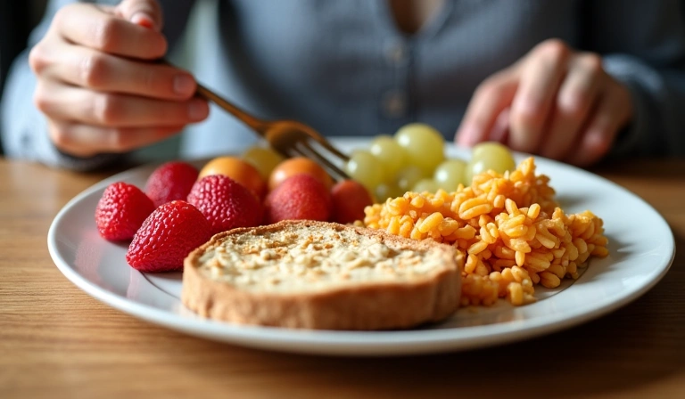 A person enjoying a balanced breakfast with whole grains, fruits, and protein.