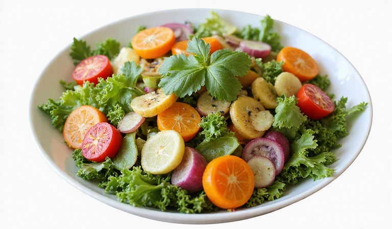 A vibrant bowl of fresh salad with various colorful vegetables and a light dressing.