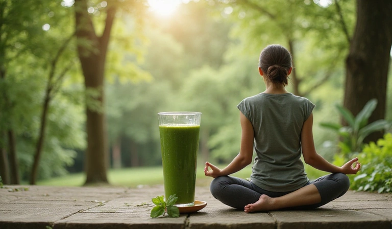 A person meditating or practicing mindfulness with a healthy drink nearby, symbolizing holistic wellness.