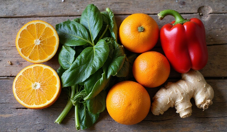 Assortment of colorful fruits and vegetables known for boosting immunity, such as oranges, spinach, and ginger.