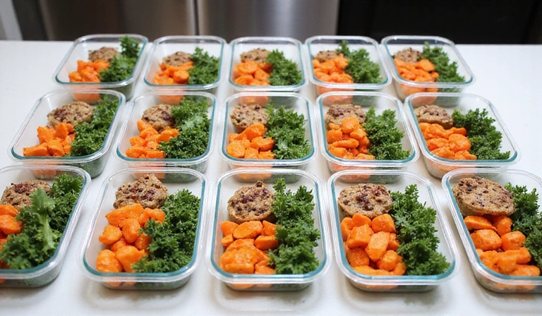 Various containers filled with prepped meals, neatly organized for the week.