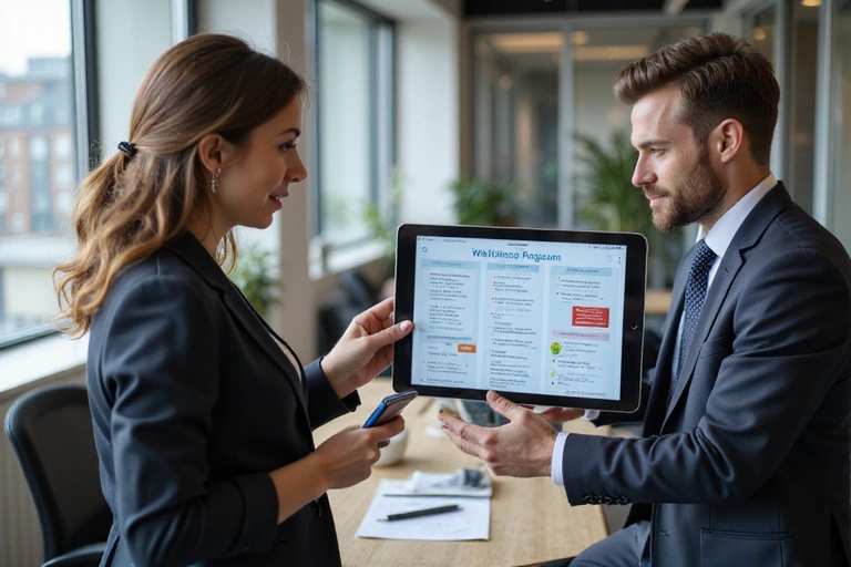 A nutritionist consulting with a corporate client, showing a detailed wellness program plan on a tablet.