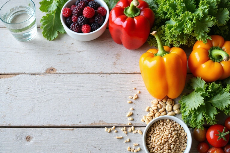 Close-up of healthy food items like fresh vegetables, fruits, and grains on a wooden table.