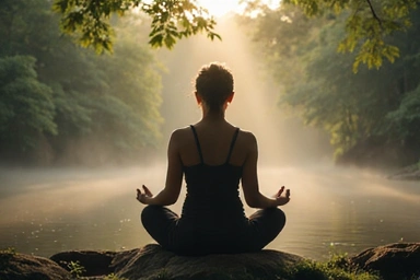 A person meditating peacefully in a serene natural setting, reflecting mental wellness and stress reduction techniques. Calm, tranquil atmosphere.