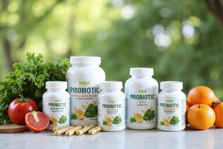 A variety of probiotic supplement bottles and capsules arranged neatly, with a blurred background of leafy green vegetables and fruits, suggesting a healthy diet. Clean, professional product photography style.
