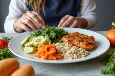 A person enjoying a colorful, well-balanced meal with fresh vegetables, lean protein, and whole grains, emphasizing healthy eating habits. Bright, appetizing photography.