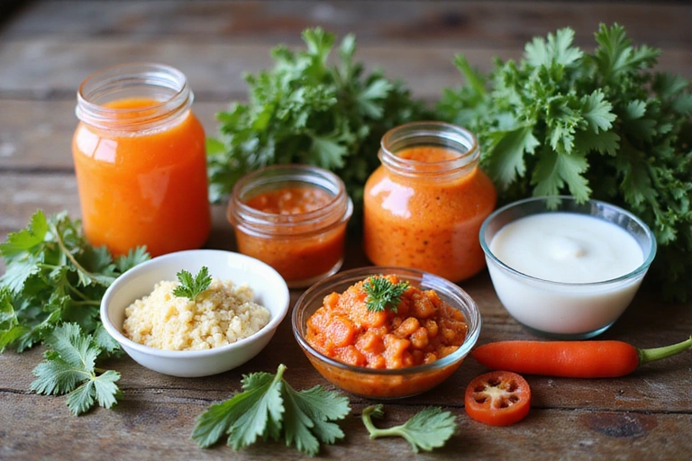 A vibrant assortment of fermented foods like kimchi, yogurt, kombucha, and kefir, arranged artfully on a wooden table with fresh herbs and vegetables, showcasing their beneficial properties for gut health. Natural lighting, soft focus.