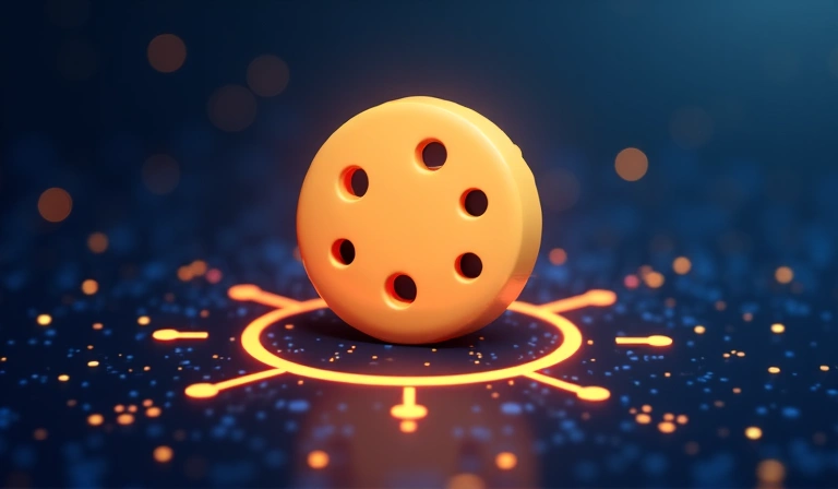 A stylized cookie icon surrounded by digital circles, representing cookie usage and data