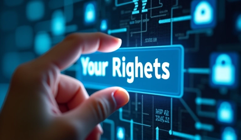 A hand pressing a digital button labeled 'Your Rights' on a screen