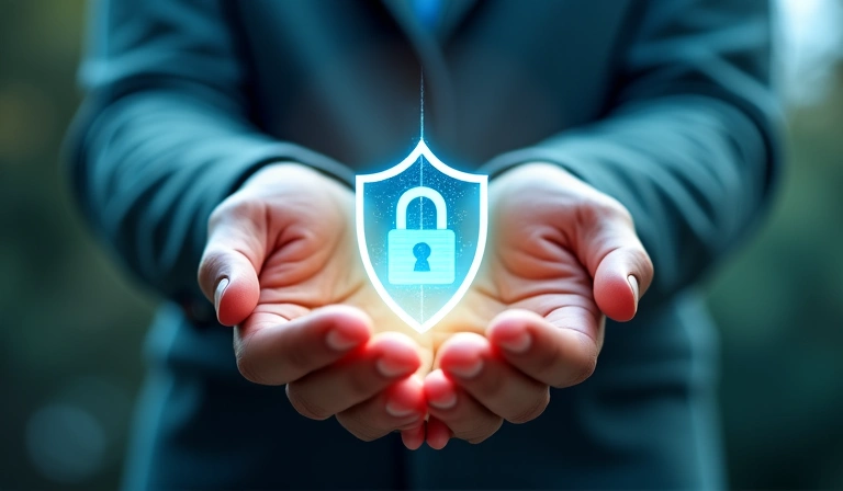 Hands holding a shield icon, symbolizing data protection and privacy