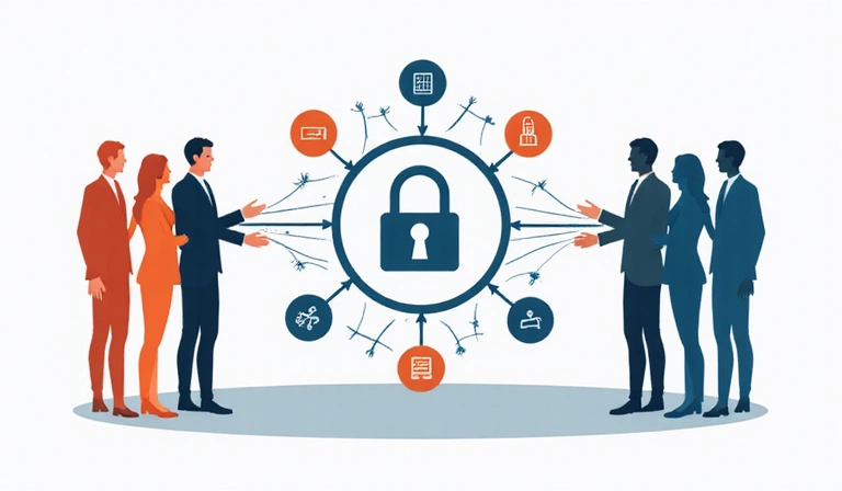 Two groups of people exchanging data securely, with a lock icon in the middle