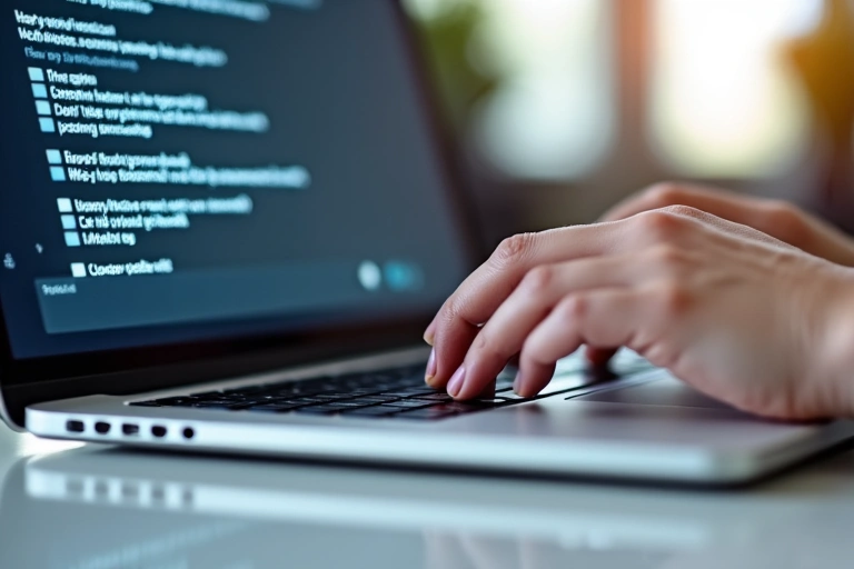 Hands typing on a laptop keyboard with a checklist on the screen